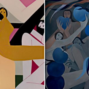 Figuras femininas minimalistas de Laura Berger Left If I were you 3 2019 acrylic on wood panel 30 x 40 inches. Right Night fruit 2020 1
